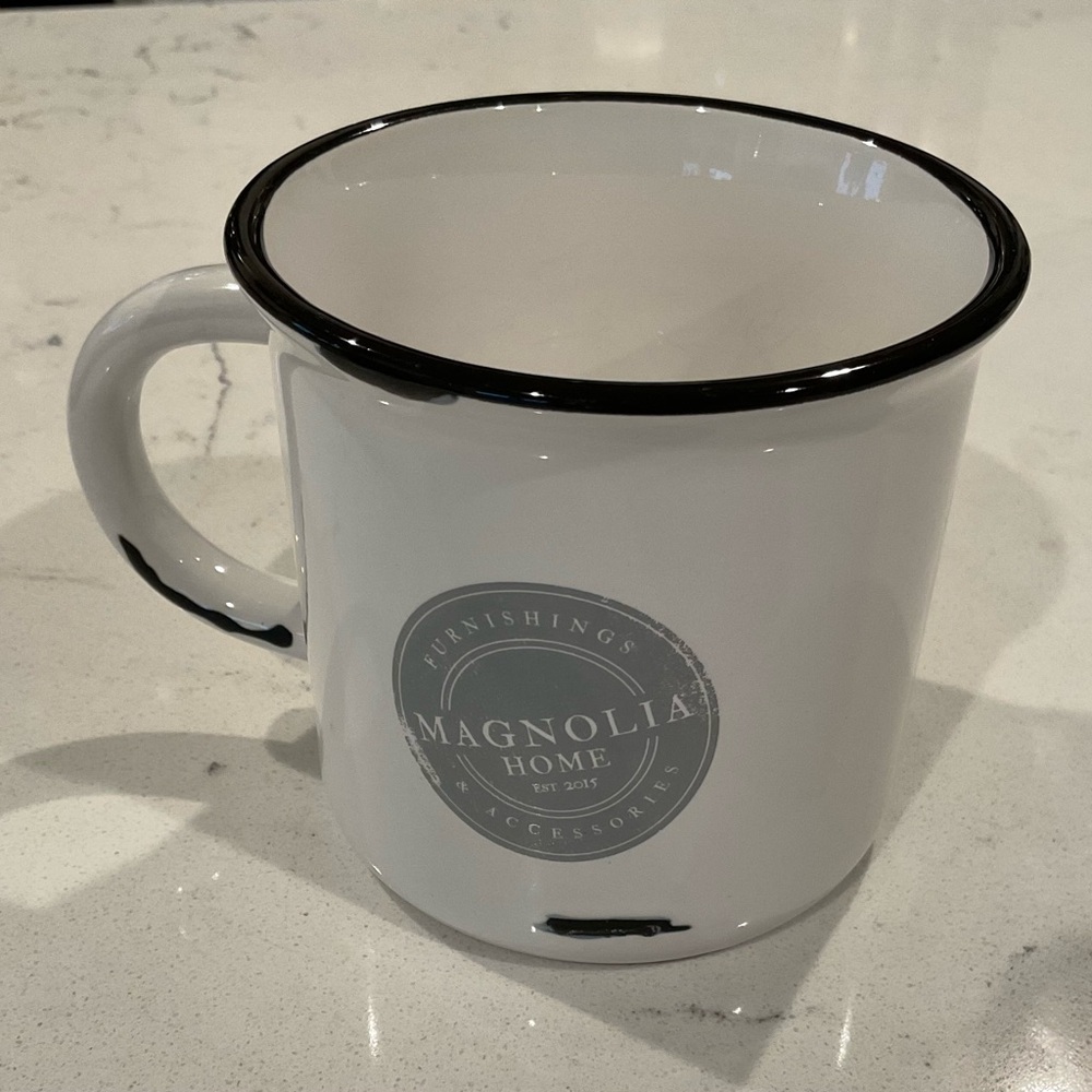 Magnolia Home Ceramic Mug  reads Furnishings & Accessories 4” tall by 4” wide